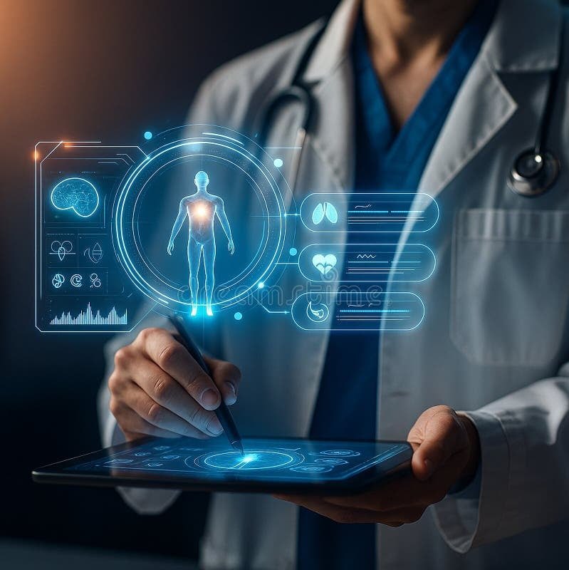 A clinician reviewing a holographic model of the body