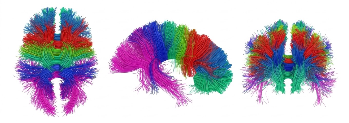 Three views of the brain drawn as colored neural pathways